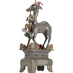 19th C. Chinese Pewter Deer Sculpture on Plateau Base and Signed 13.5 inches height