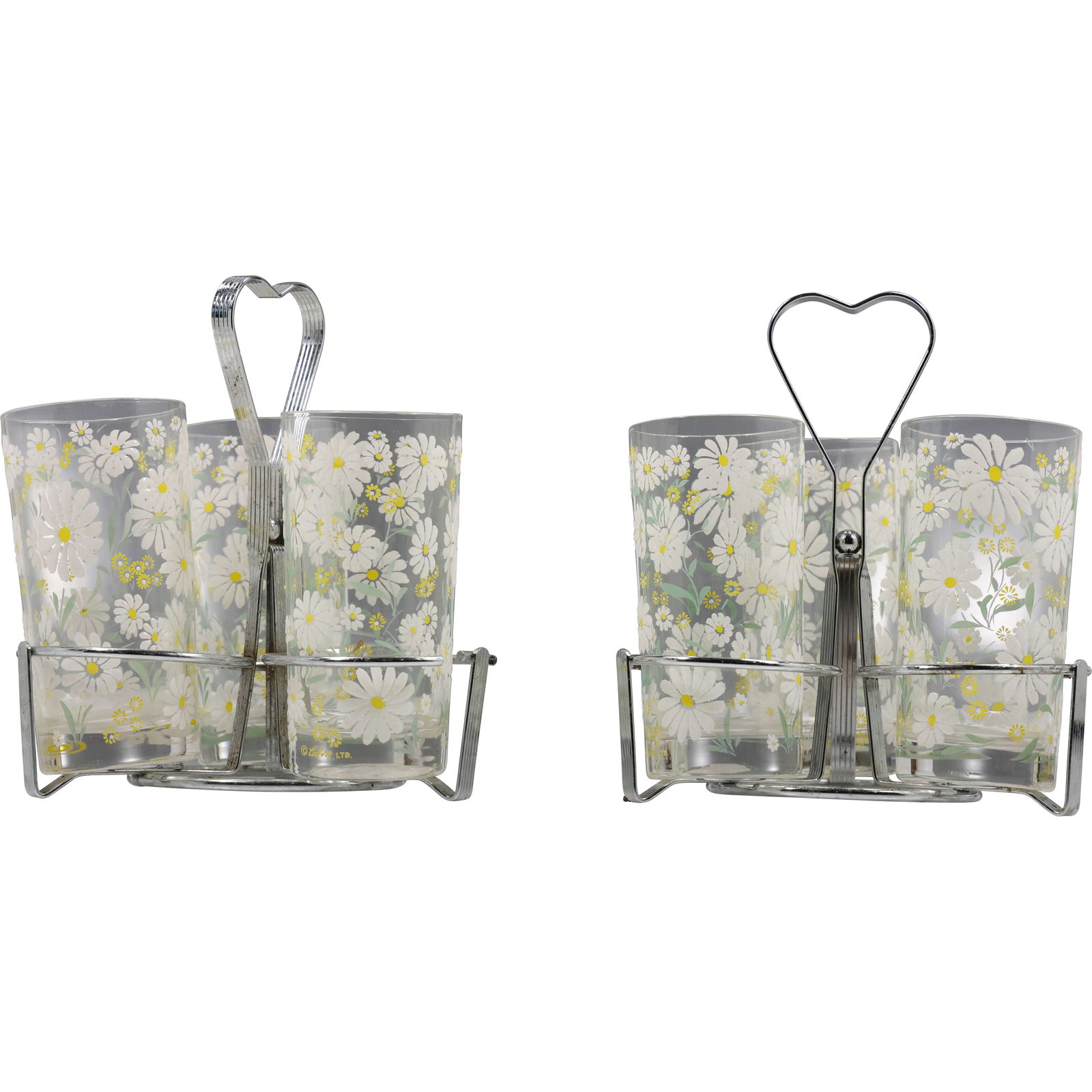 Set of 6 Vintage Signed Cluver Daisy Glasses w/ Metal Carriers Retro Drinkware Sets (1 of 17)