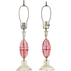 Pair of Vintage Mid-Century Pink and Clear Cut Glass Table Lamps