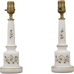 Pair White Bristol Glass Boudoir Table Lamps with Hand Painted Floral Decoration 13 in. height