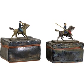 Pair of Jacobson Studio Pottery Lidded Boxes Equestrian Soldier Figures, Signed 1976