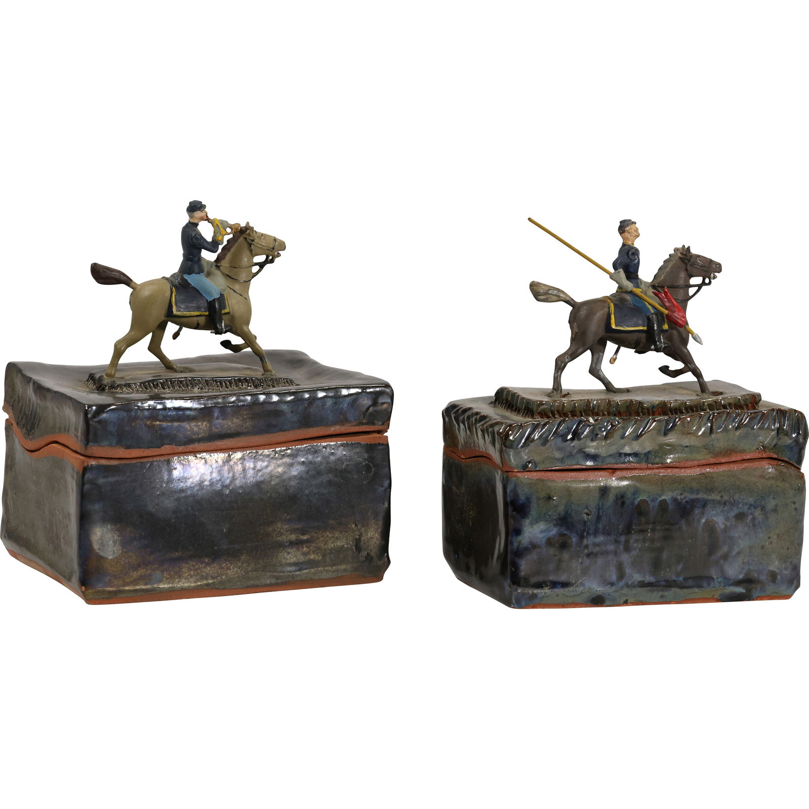 Pair of Jacobson Studio Pottery Lidded Boxes Equestrian Soldier Figures, Signed 1976 (1 of 18)