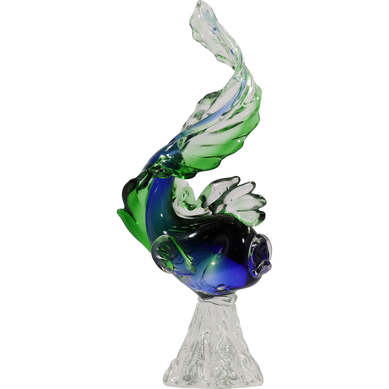 Murano art glass fish sculpture. Green, Blue on Crystal Base. Large 12 inches height: Murano art glass fish sculpture. Green, Blue. Origin: Murano glass is handmade by artisans on the island of Murano, Italy. Symbolism: Fish sculptures often symbolize adaptability, freedom, abundance,