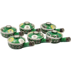 Set 6 Japanese Pottery covered serving dishes or possibly teacups with handles and lids.
