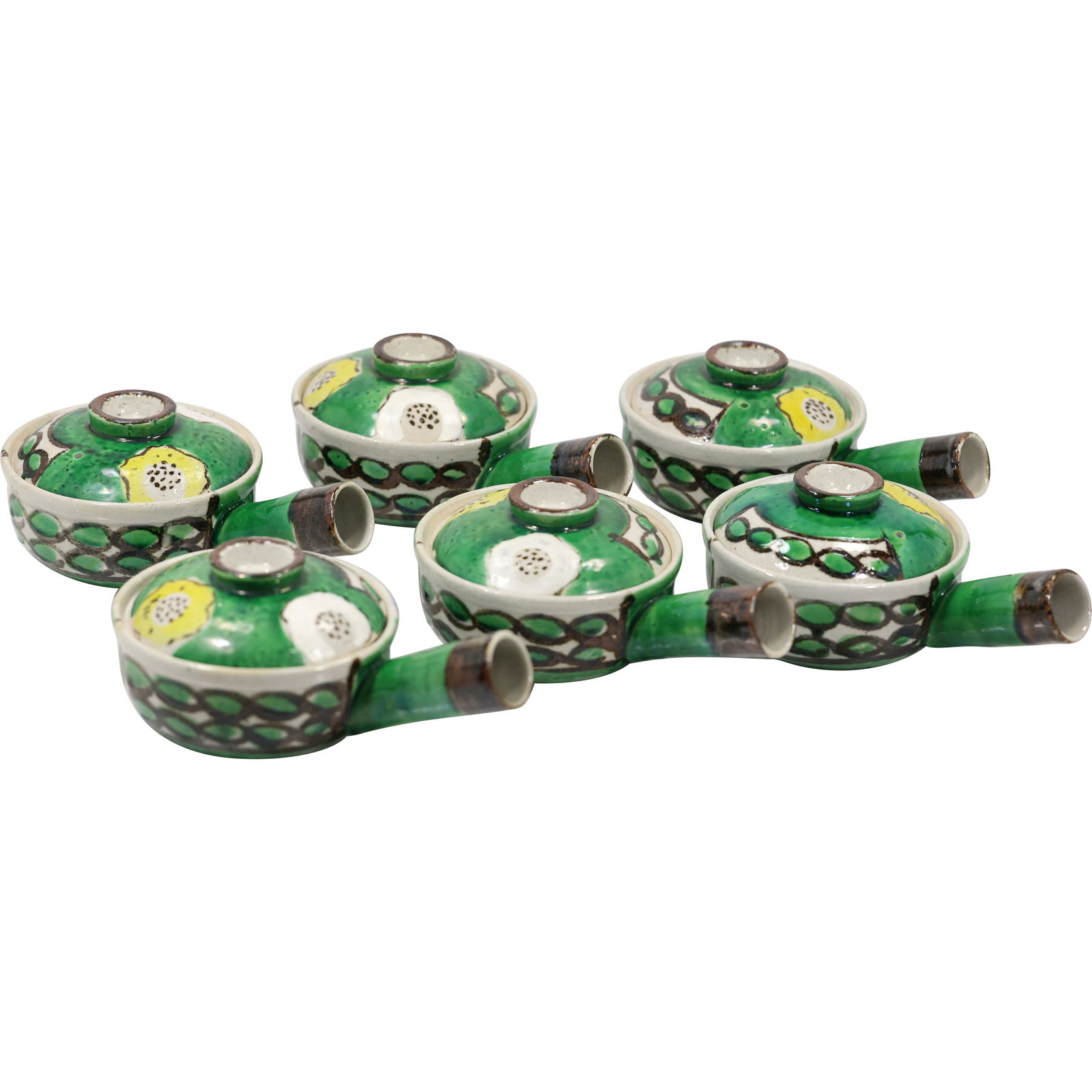 Set 6 Japanese Pottery covered serving dishes or possibly teacups with handles and lids. (1 of 20)
