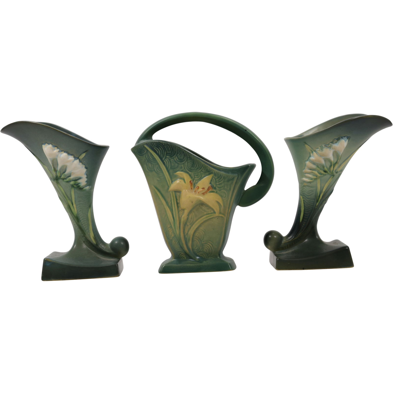 three pieces of Roseville Zephyr Lily art pottery, including two cornucopia vases, handled basket (1 of 20)