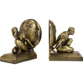 Pair of Brass Greek Mythology Atlas Bookends, Nude Men Holding World, good patina