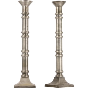 Pair Brushed Metal Silver Plated Tall Stylized Candlesticks 17.25 inches height