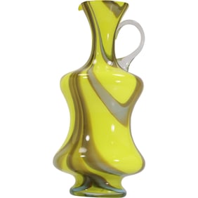 Vintage Murano Art Glass Ewer – Mid-Century Swirled Yellow & Brown with Clear Handle