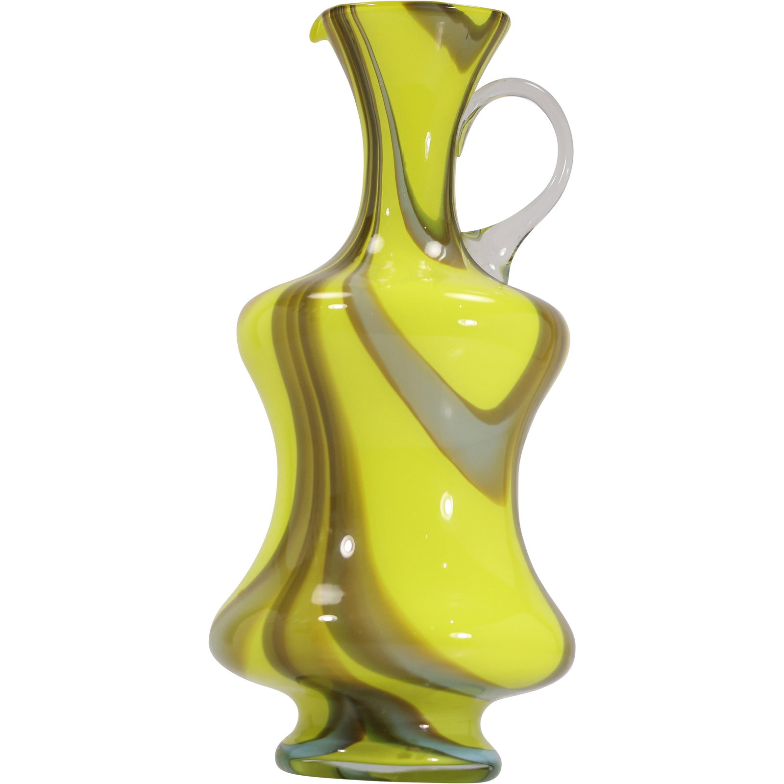 Vintage Murano Art Glass Ewer – Mid-Century Swirled Yellow & Brown with Clear Handle (1 of 13)