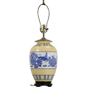 Vintage Spode Porcelain Asian Blue, White, Yellow Table Lamp 27 in. overall height x 8 in. wide