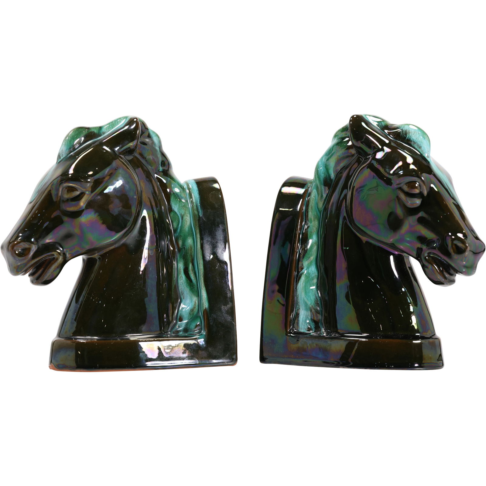 Vintage Blue Mountain Pottery Horse Head Bookends: vintage Blue Mountain Pottery horse head bookends, showcasing the iconic green and black drip glaze finish that made BMP famous. Crafted in Canada, these ceramic bookends feature detailed sculpting an