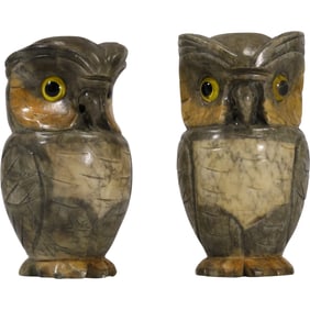 two vintage hand-carved alabaster owl figurines, likely from Italy, 9 inches height x 4.5 in. wide