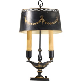 BLACK-AND-GOLD-PAINTED TWO-ARM TOLEWARE BOUILLOTE LAMP