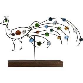 Glass and Metal Figural Peacock Sculpture on Wood Base with Glass Jewels Accents