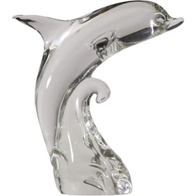 Mario Broggi Art Glass Dolphin Riding a Wave Sculpture Signed, [small nick on fin] 12 in. height