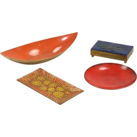 4 Assorted Mid-Century Modern Enamel Art Metal Trays, Dish, and Covered Dresser Box