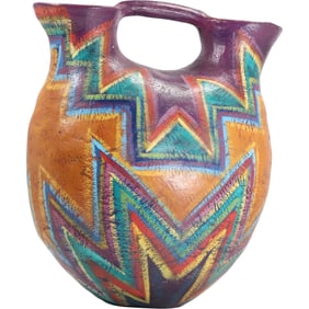 Native American ceramic water jug or vase, Navajo tribe, vibrant hand-painted colors