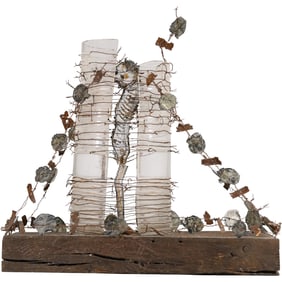 Unique Brutalist Mixed Media Wire and 2 Glass Cylinders Sculpture with Skeleton Figure in Center