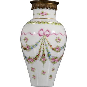 19th C. Sevres Porcelain Cabinet Vase with Ribbon Bow and Draped Roses Hand Painted 5 in. h.