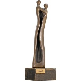 Signed SHAML, Mid-Century Modern Bronze Sculpture of Embracing Figures 12 in. height