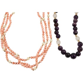 14K Gold Clasp and Beads Stunning 3 Strand Coral Necklace [one strand needs repair] and