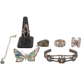 .925 Mexico Abalone Butterfly Pin 2 1/4 in. x 2 in. ; Butterfly Ring Size 7; Sterling with Turquoise