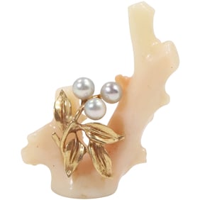 14K Angel Skin Coral Branch adorned with 14K Yellow Gold Leaves and Clasp, 3 Silver Freshwater