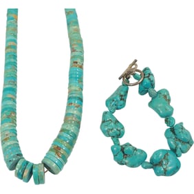 Original Blue Disc Graduated Turquoise Necklace 23 in. x 1/2 in. to 1/4 in.; Original Large