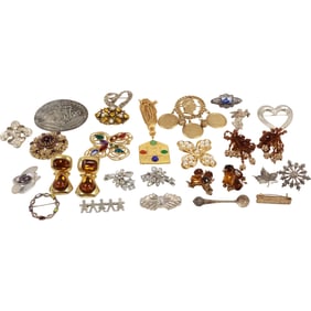Estate Grouping 14 Assorted Sterling Silver Fashion Pins Some with Colored Stones, 4 Pairs