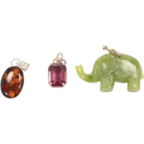 3 Assorted Pendants: .925 Jade Elephant Pendant 1.5 in. x 1 in.; .925 Mexico Lucite Pendant