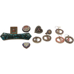 10 Pieces: Long Turquoise Inlaid Pin 3.5 in. x 1 in.; 9 Pieces MICRO MOSAIC Earrings, Pendant, Pin