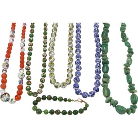 Aventurine Bead Necklace 32 in.; Silver Clasp Blue and White Chinese Beads Necklace 24 in.; Jade