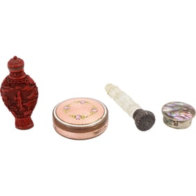 [4] Red Cinnebar Snuff Bottle, Crystal Glass French Perfumer, 2 Trinket Boxes SEE PICTURES