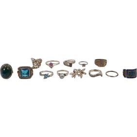 13 Assorted Sterling Silver Rings including Carolyn Pollack Stunning Blue Faceted CZ Stone