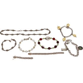 Assorted Sterling Bracelets: Sterling Red and Green Glass Beads 8 in.; Sterling Bracelet Glass Beads