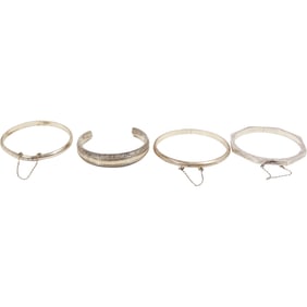 43.4 grams [4] Assorted Sterling Silver Bangle Bracelets: .925 Rope & Snake Border Design Cuff,