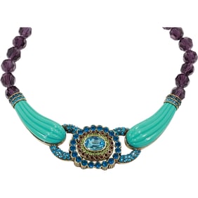 Heidi Daus Purple Glass Beads with Blue, Green, Red Rhinestones Necklace 21 in. x 2.5 in.