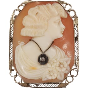 14K Gold Victorian Cameo Pin / Pendant Maiden Portrait Adorned with a Diamond Pendant