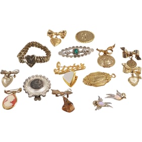 12 Assorted Gold Tone Costume Pins , Bracelet, Lockets, Frame 2 1/4 in. to 1 1/4 in. 1 1/2 in.