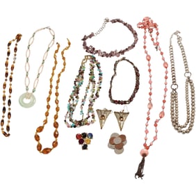 2-Strand Silver Ball & Chain Necklace 25 in.; Enameled Pop-Art Disks Pin 1 1/2 in.; MCM Copper