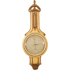 Vintage French Wood Case Wall Mount Barometer / Thermometer 39.5 inches length x 14 in. wide