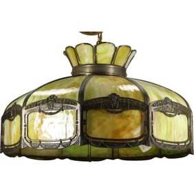 Antique Tiffany-style Slag Glass Pendant Chandelier, 10 Curved Panels, All Good, Original Glass