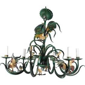French Country Tole Metal Chandelier  6-Light with Hand Painted Roosters