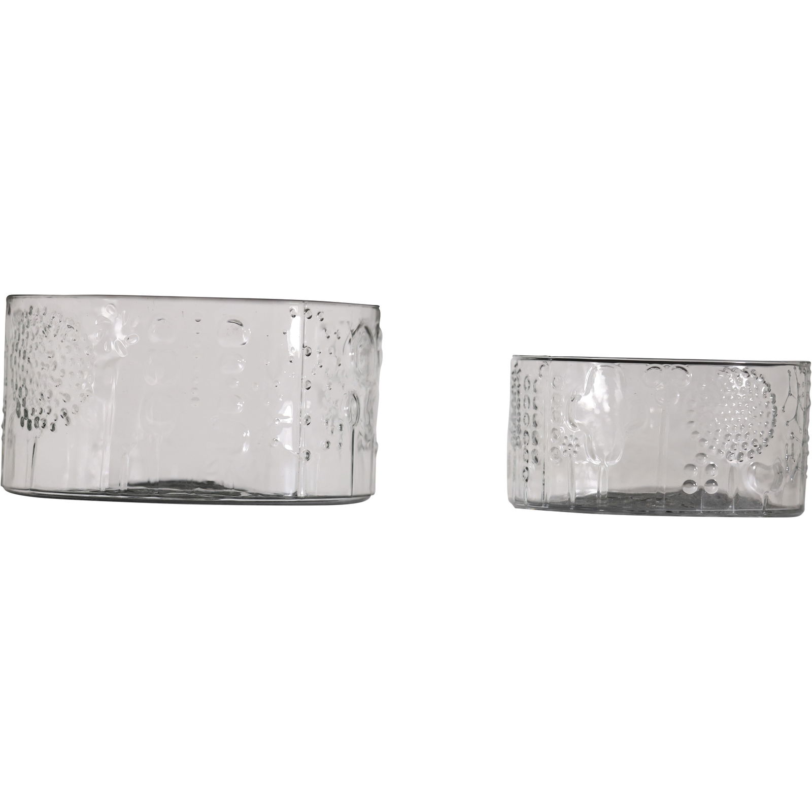 2 Oiva Toikka Flora glass bowls, designed for Iittala / Nuutajärvi of Finland: 2 Oiva Toikka Flora glass bowls, designed for Iittala/Nuutajärvi of Finland. Designer: Oiva Toikka (1931–2019).Design Name: "Flora" series, featuring a flower relief pattern.Manufacturer: Originall