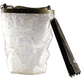 Mid Century Crackled Glass Iceberg,Ice Cube Molded Ice Bucket with Brass Rim and Tongs