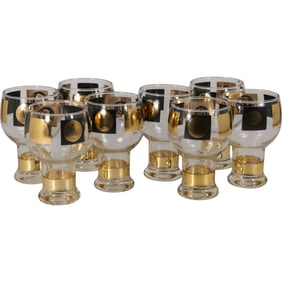 Set of 8 Mid Century Modern Culver Valencia Style Gold Coin Decorated Cocktail Glasses