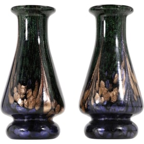 2 DALE TIFFANY ART GLASS MURANO-STYLE VASE, FAVRILE, BLACK/GREEN W/ PURPLE, GOLD