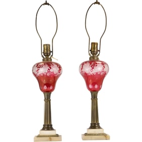 Pair of Vintage Cranberry Etched Glass Mantle Brass/Marble Table Lamps