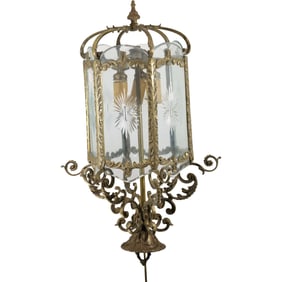 French Louis XIV Bronze and Etched Glass Panels Hanging Pendany Chandelier 25 in. length x 13 in.
